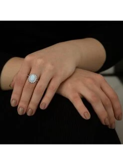 The Love Silver Collection Sterling Silver Rhodium Plated Oval Synthetic Opal And White CZ 12mm X 14mm Flower Cluster Ring -RIVE IS Clothing Shop VRX9N SQ6 0000000035 SILVER MDd