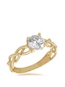 Love GOLD 9ct Yellow Gold 6mm White Round Cut CZ Plaited Solitaire Ring