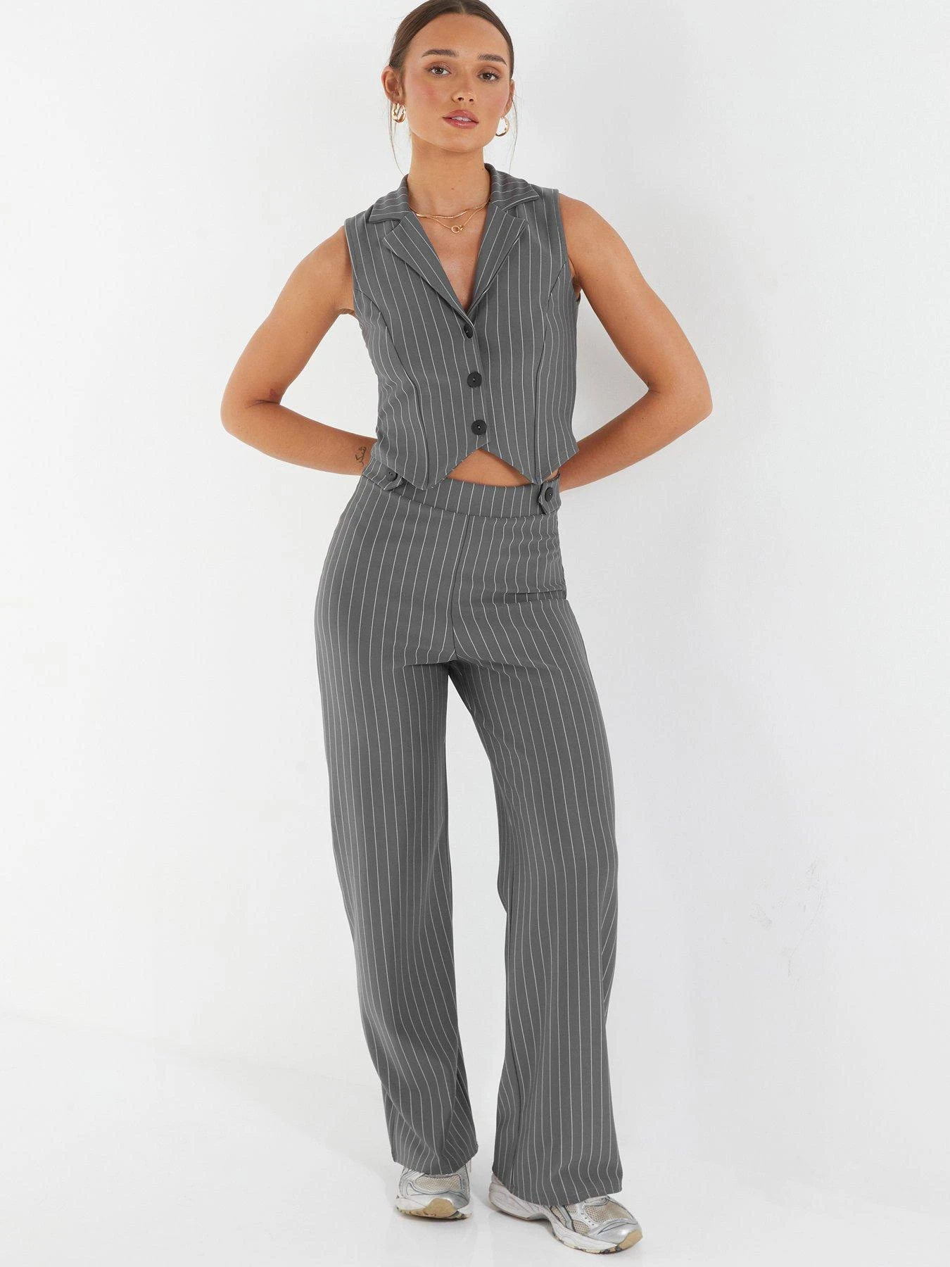 Quiz Grey Pinstripe Palazzo Trousers 3 Quiz Grey Pinstripe Palazzo Trousers