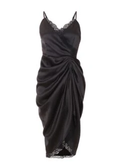 Quiz Petite Black Satin Lace Trim Midi Dress -RIVE IS Clothing Shop VSIYE SQ4 0000000004 BLACK MDd